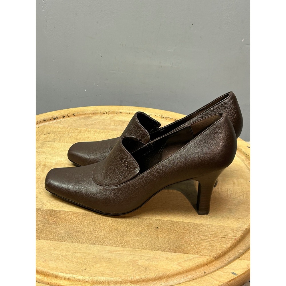 Anne Klein Pumps Womens 7M Brown Leather Akeris Loafer Heel Square Toe
